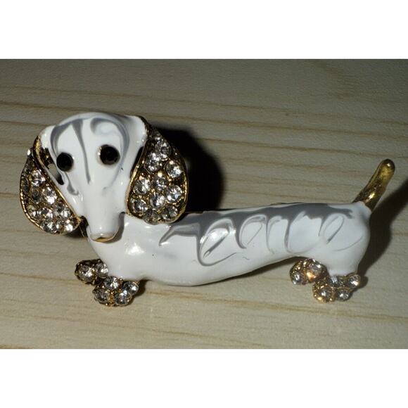 White And Gray Gold Tone Dachshund Dog Brooch Pin With Rhinestones - Picture 2 of 4